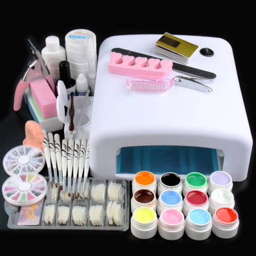 GEL NAIL STARTER KIT SET WITH 36 WATT UV LAMP +12 COLORS GELS