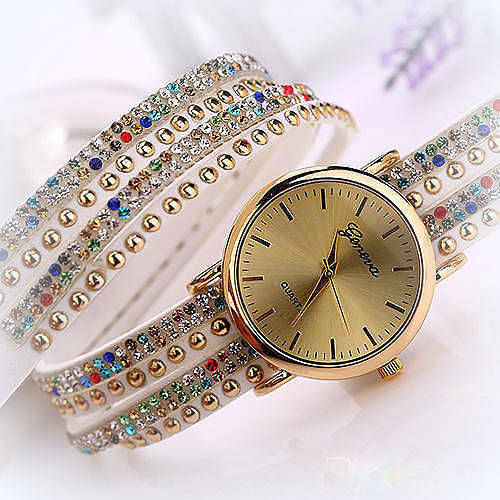 Ladies wrist wrap watch Rainbow white Faux suede Geneva Quartz watch.Big dial.