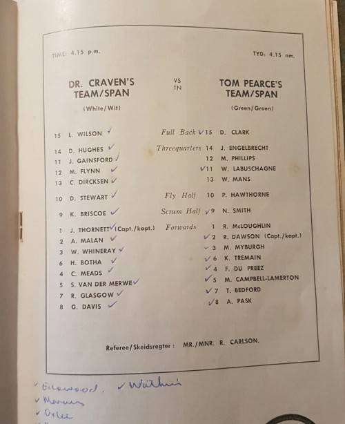 1964 JUBILEE PROGRAMME - DANIE CRAVEN XV V TOM PEARCE XV