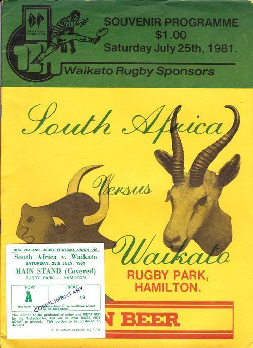 1981 WAIKATO V SOUTH AFRICA WITH MATCH TICKET PROGRAMME - THE GAME NEVER TOOK PLACE