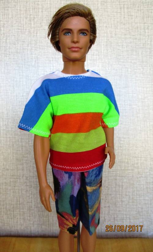 Ken - Barbie - beach SHORTS with bright striped T-SHIRT.