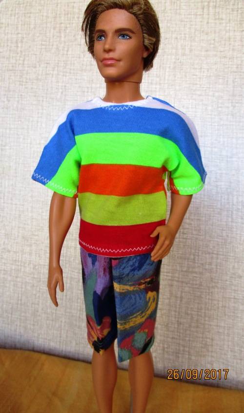 Ken - Barbie - beach SHORTS with bright striped T-SHIRT.