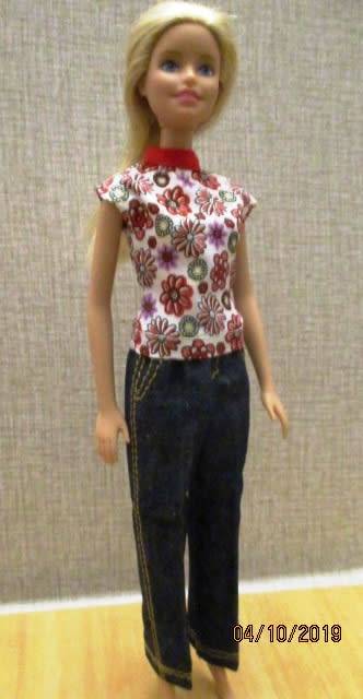 Barbie doll's jeans and sleeveless top - red print