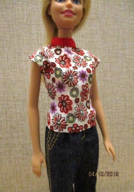 Barbie doll's jeans and sleeveless top - red print