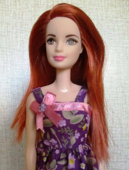 Barbie doll's dress - purple print pink bow