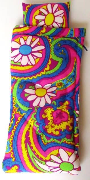 Barbie doll`s sleeping bag and nightie set - pink and yellow brights
