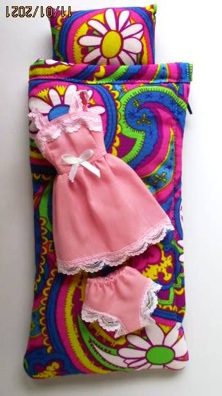 Barbie doll`s sleeping bag and nightie set - pink and yellow brights