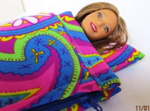 Barbie doll`s sleeping bag and nightie set - pink and yellow brights