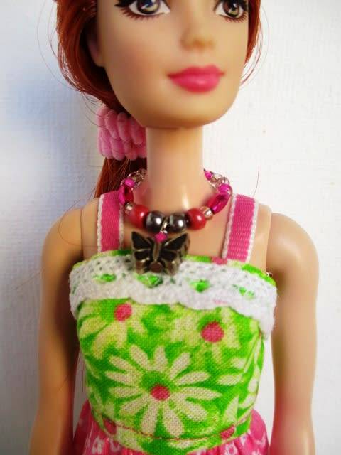 Barbie doll`s long dress, bag and necklace set - pink and green