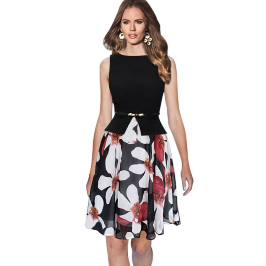 Spliced Faux Twinset Slim Waist Loose Dress with Belt for Women