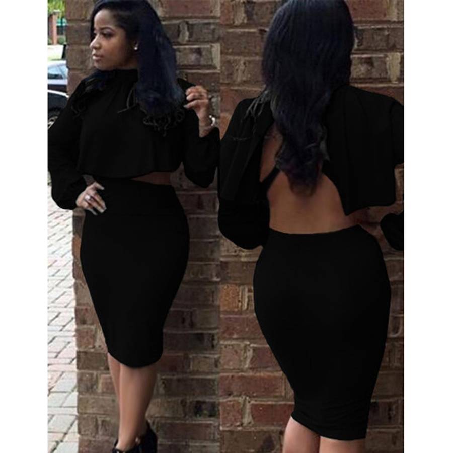 Long Sleeve Backless Crop Blouse + Elastic Waist Pure Color Skinny Skirt Two Piece Dress