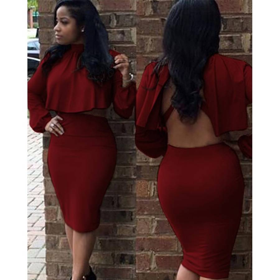 Long Sleeve Backless Crop Blouse + Elastic Waist Pure Color Skinny Skirt Two Piece Dress
