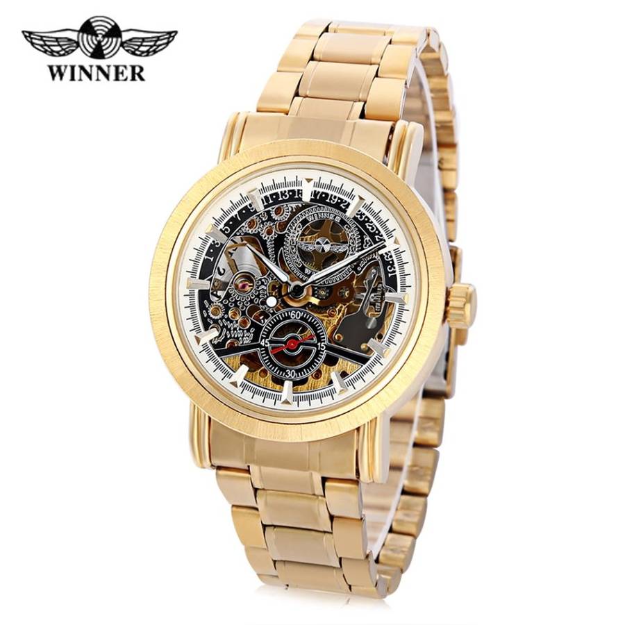 WINNER F1205334 Male Auto Mechanical Watch Hollow Dial Luminous Stainless Steel Band Wristwatch