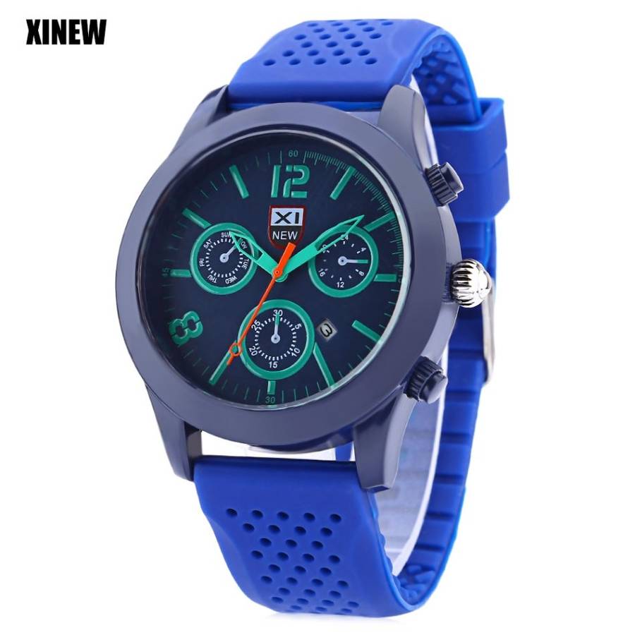XINEW 5471 Men Quartz Watch Three Decorative Sub-dials Date Display Silicone Band Wristwatch