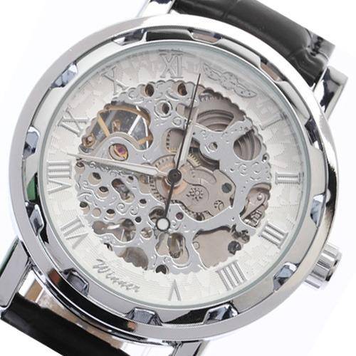 Classic Men's Leather Silver Dial Skeleton Mechanical Sport Wrist Watch
