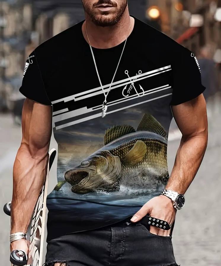 3D Fishing Print, Men`s Mid Stretch Breathable T-shirt For Outdoor Summer. Size L (40)