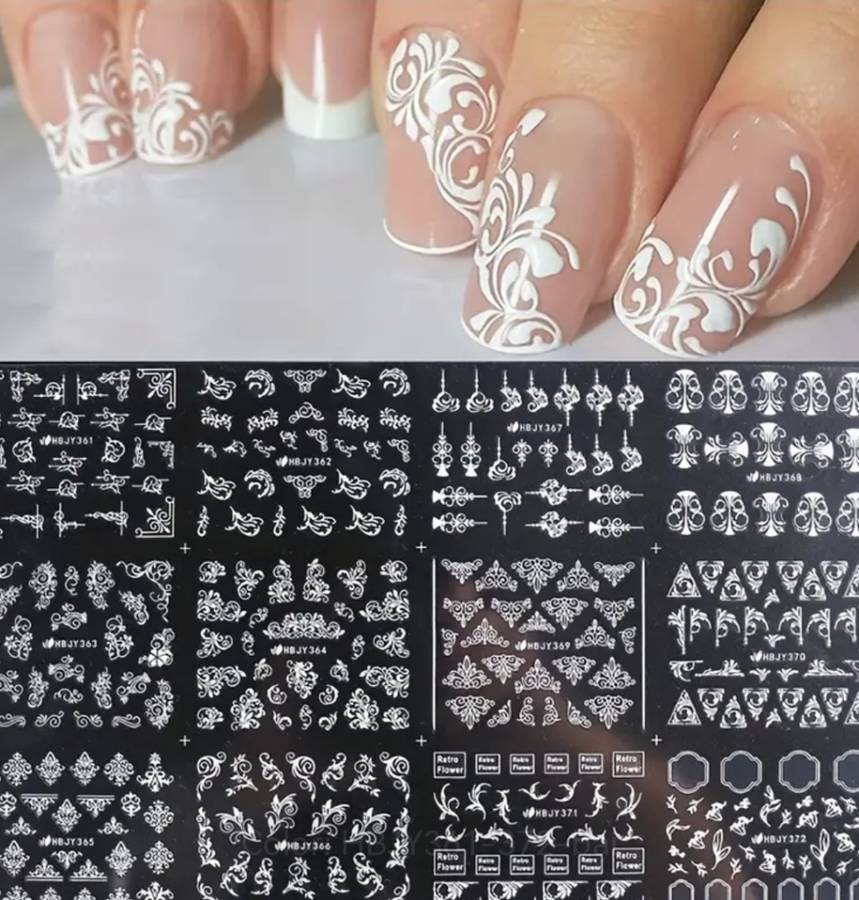 12pcs 3D Nail Stickers (White Flower Leaf Lace Design)