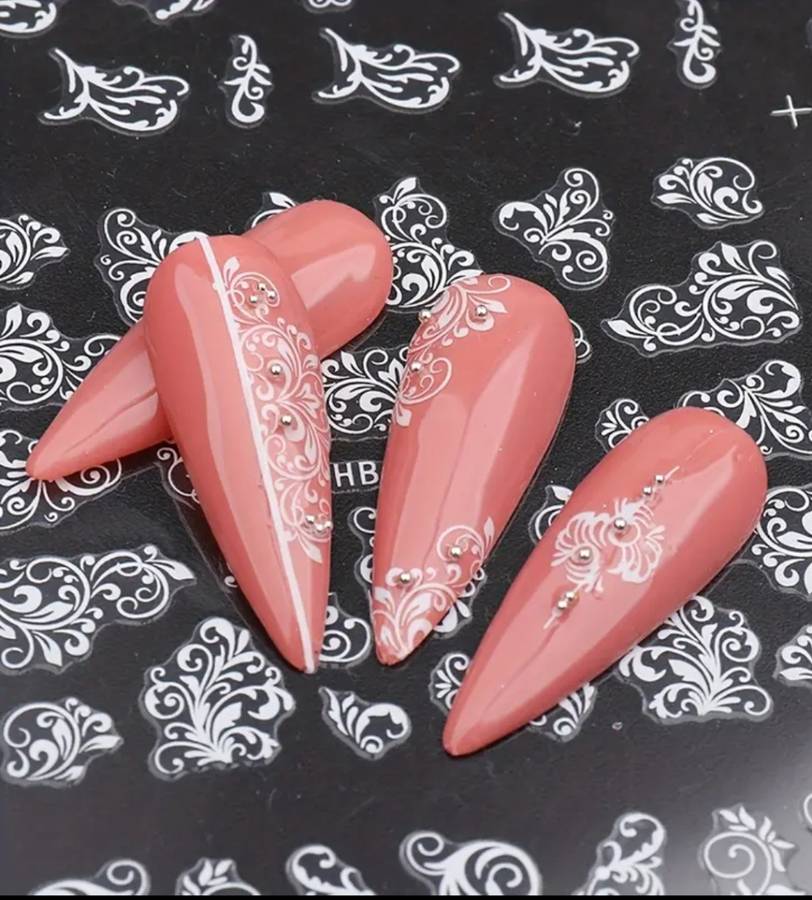 12pcs 3D Nail Stickers (White Flower Leaf Lace Design)