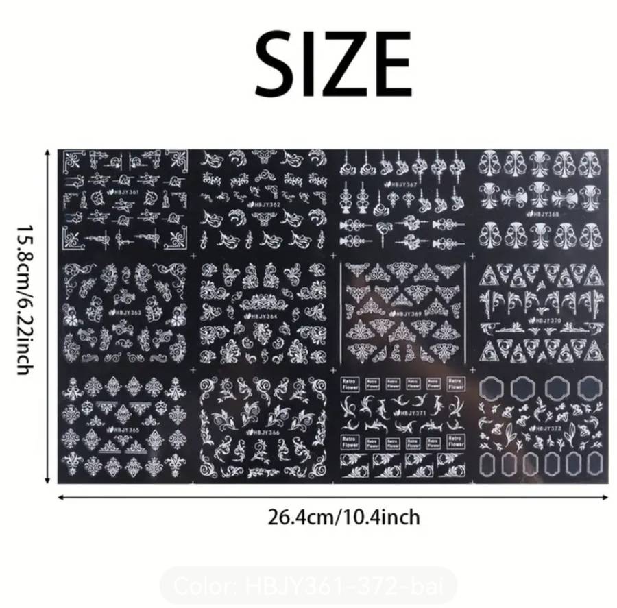 12pcs 3D Nail Stickers (White Flower Leaf Lace Design)