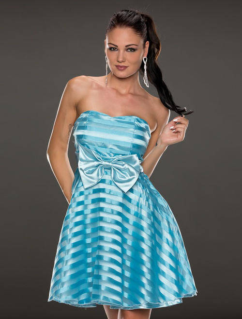 Mesh Stripe Strapless Skater Dress    M / L