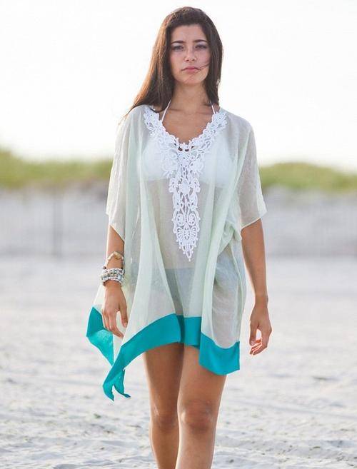 Embroidered Neckline Beach Dress Cover Up   ONE SIZE