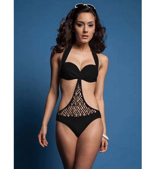 Sexy Black Net Connect Two Side Cut Out One-piece Swimsuit   M,L,XL,2XL