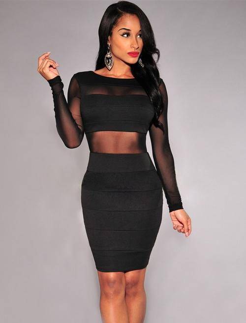 Mesh Inserts Long Sleeves Dress   XL / 2XL / 3XL