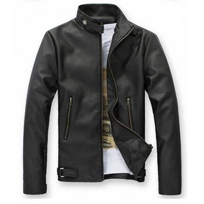 Stylish Solid Color Stand Collar Zipper Embellished Long Sleeves Men's PU Leather Coat