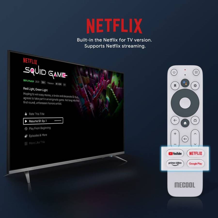 MeCool Android TV Box HD Dongle - Certified Netflix DStv Disney+ Smart TV
