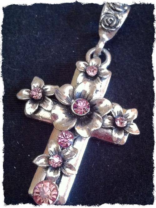 TIBETAN SILVER FANCY PINK STONE FLOWER CROSS PENDANT