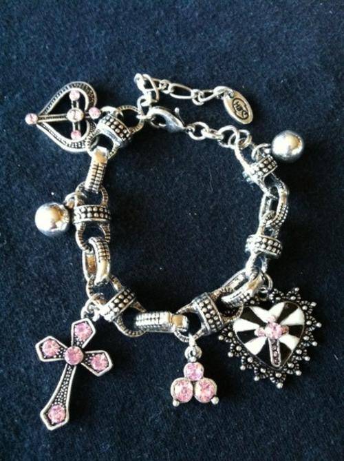 PINK STONE, TIBETAN SILVER, ANTIQUE LOOK CHARMS BRACELET