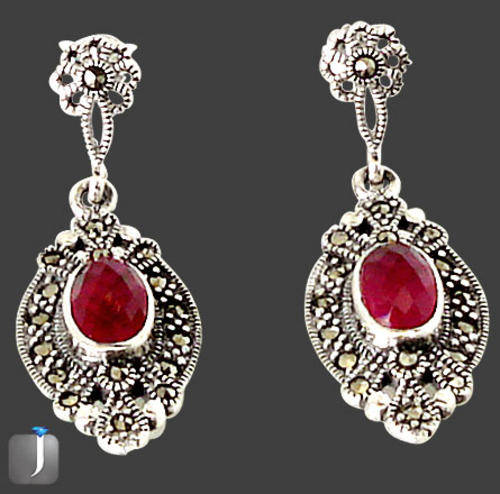 GENUINE MARCASITE AND PINK RUBY IN SOLID 925 SILVER DANGLING EARRINGS