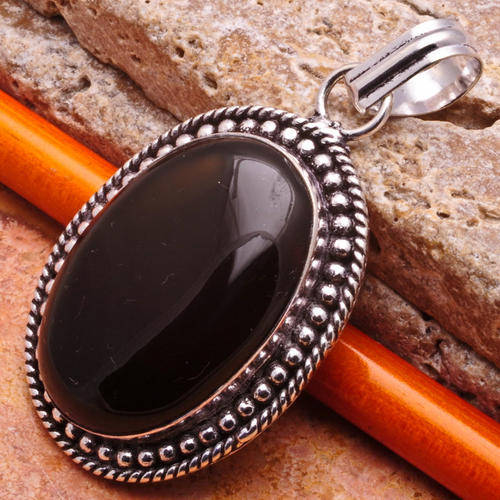 NATURAL BLACK ONYX GEM PENDANT STERLING SILVER PLATED OVER SOLID COPPER