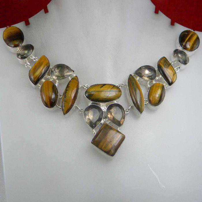 ONE ONLY!!!Tiger Eye, Faceted Smoky Topaz in 925 electroplated silver Necklace