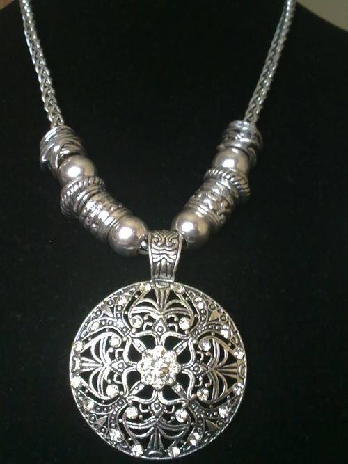 LAST ONE!!!STUNNING ROUND TIBETAN SILVER DIAMANTE AMULET NECKLACE
