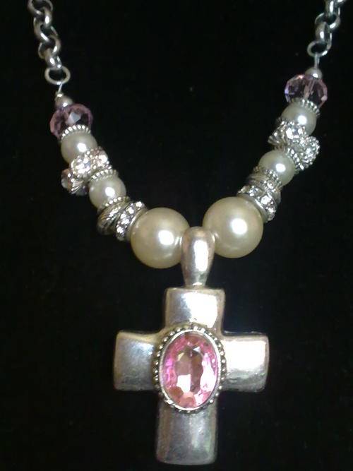 STUNNING!!! TIBETAN SILVER CRYSTAL PINK CROSS NECKLACE