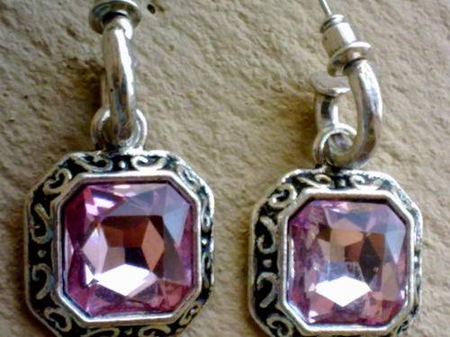 STUNNING TIBETAN SILVER PINK SQUARE EARRINGS