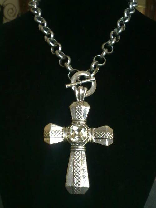 LARGE TIBETAN SILVER CRYSTAL CROSS PENDANT ON ROLO NECKLACE