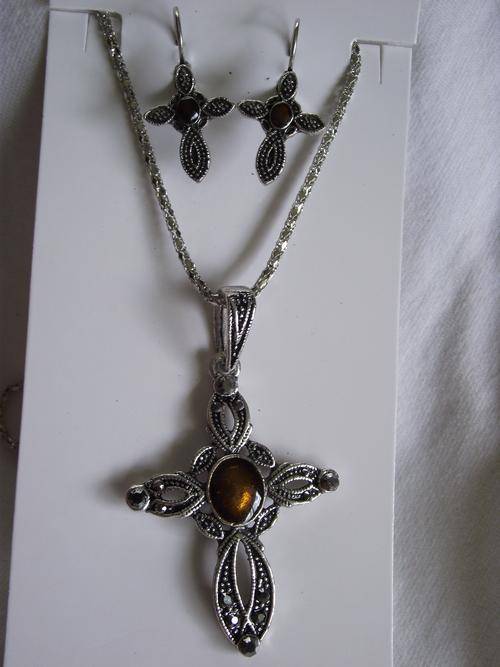 TIBETAN SILVER MARCASITE LOOK CROSS NECKLACE & EARRINGS SET