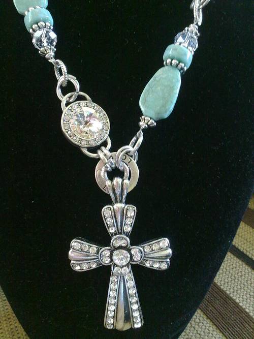 STUNNING!!! CRYSTAL CROSS TIBETAN SILVER TURQUOISE NECKLACE