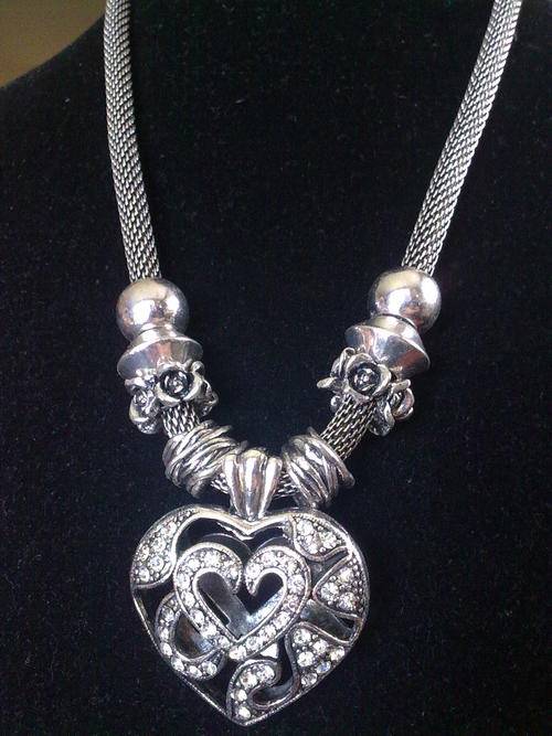 STUNNING!!! FANCY FILIGREE CRYSTAL HEART TIBETAN SILVER  NECKLACE