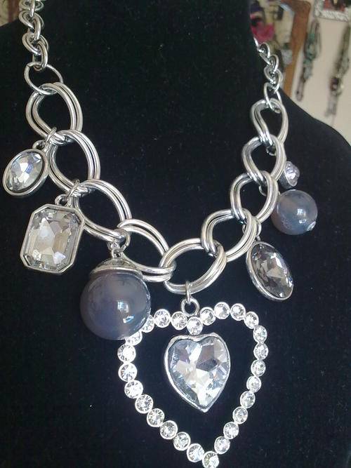 STUNNING!!! CRYSTAL HEART MUTLI CHARMS TIBETAN SILVER NECKLACE