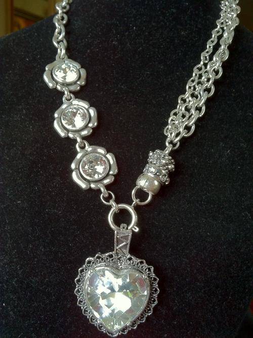 STUNNING!!! TIBETAN SILVER FANCY HEARTMIGLIO FLOWERS DIAMANTE NECKLACE