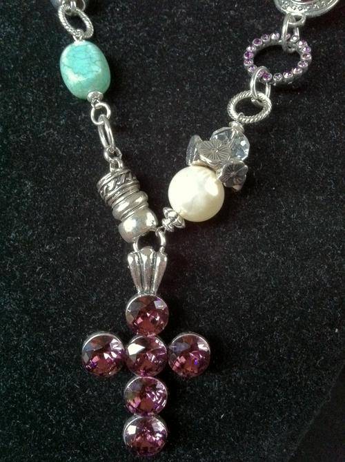 STUNNING TIBETAN SILVER MAROON CROSS PENDANT FANCY NECKLACE