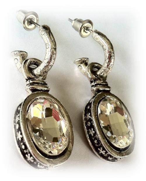 STUNNING TIBETAN SILVER DIAMANTE OVAL  EARRINGS