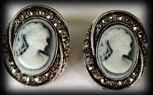 STUNNING TIBETAN SILVER MARCAZITE CAMEO EARRINGS