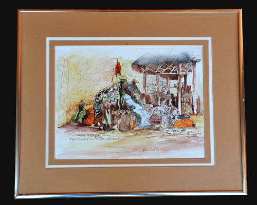 Ockert Vermeulen - watercolours - "Fruit sellers at a country bus stop" 1989.