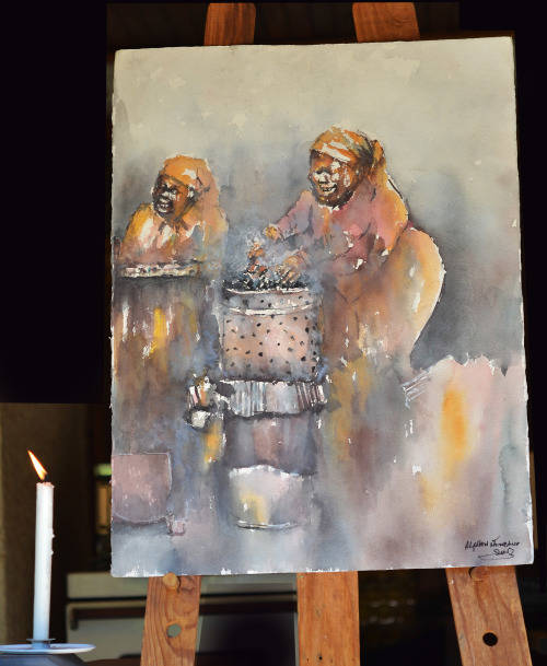 Large Alphen Ntimbane (1952 - 2017) Watercolours  Size 565 x 760mm Township scene