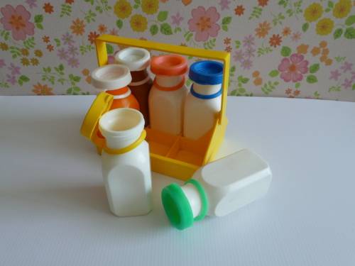Vintage Fisher Price 1966 Six Milk Bottles with Carrier Toy