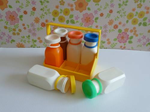 Vintage Fisher Price 1966 Six Milk Bottles with Carrier Toy